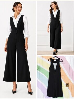 Maeve Black V Neck Pinafore Wide Leg Cropped Jumpsuit Tailored Minimal Sz 2🧡